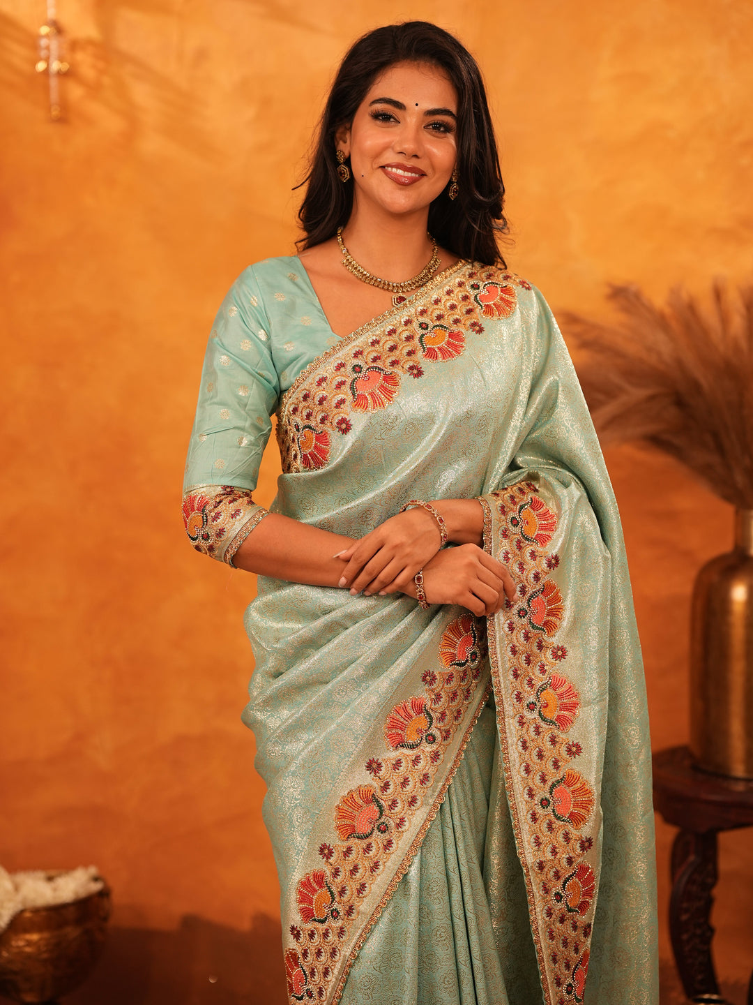 Mint Green Banarasi Silk Saree with Peacock Floral Embroidered Border & Zari Weaving | Elegant Festive & Wedding Wear Designer Saree