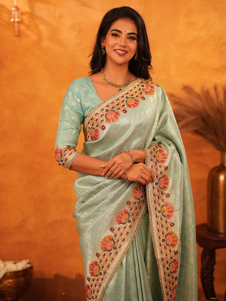 Mint Green Banarasi Silk Saree with Peacock Floral Embroidered Border & Zari Weaving | Elegant Festive & Wedding Wear Designer Saree