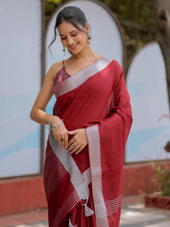Elegant Wine Red Pure Handloom Cotton Saree with Silver Border & Tassel Detailing