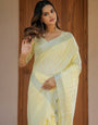 Sunshine Yellow Pure Handloom Mul Cotton Saree with Subtle Striped Weaving & Tassel Detailing