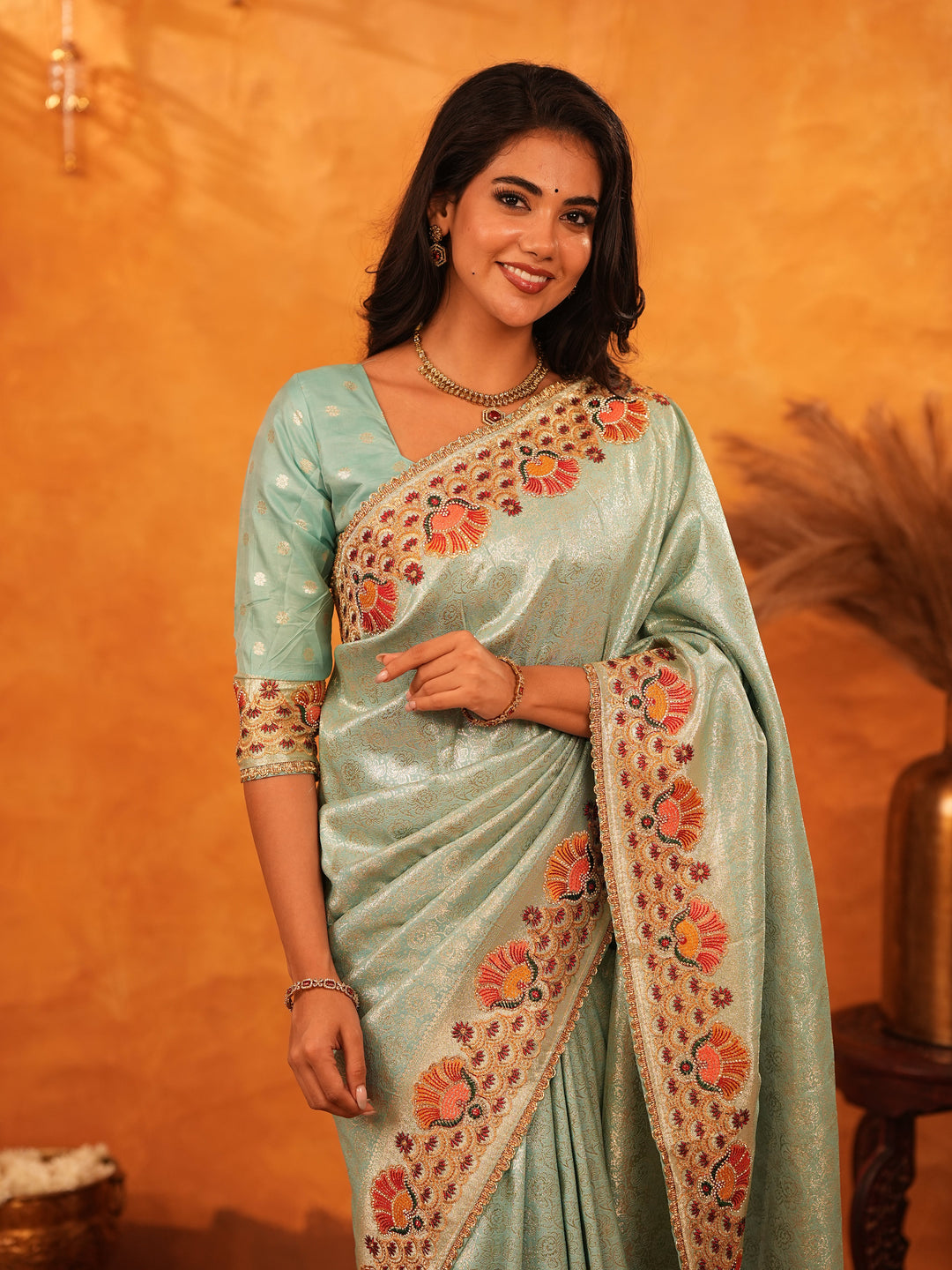 Mint Green Banarasi Silk Saree with Peacock Floral Embroidered Border & Zari Weaving | Elegant Festive & Wedding Wear Designer Saree
