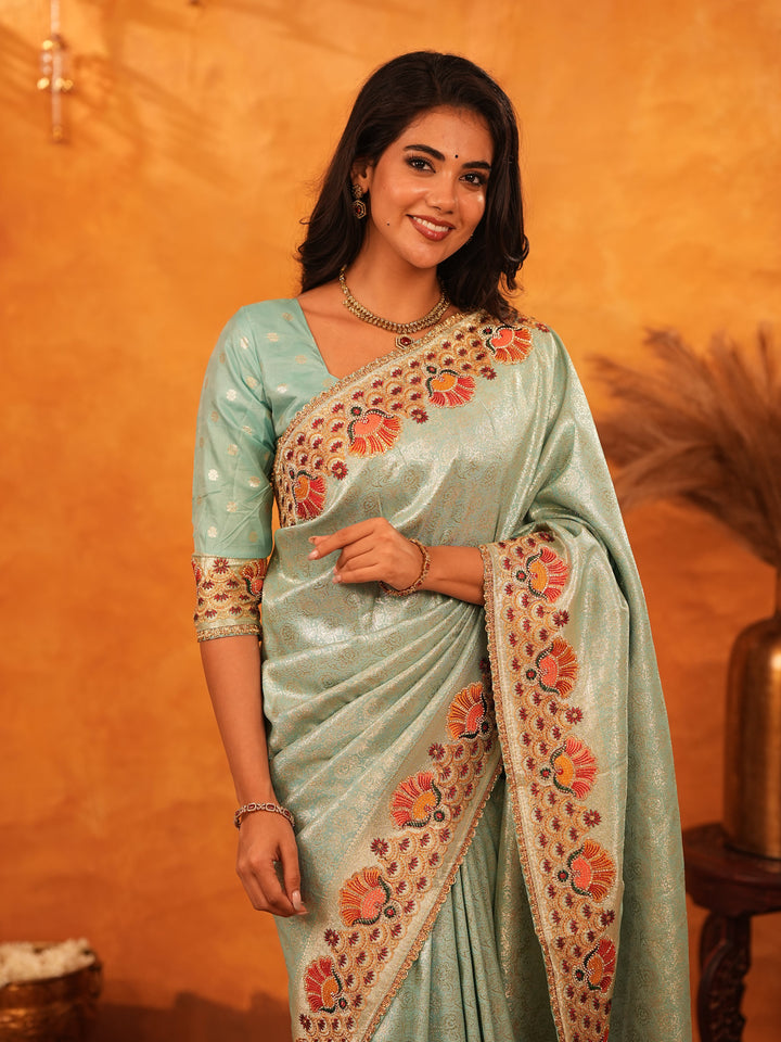 Mint Green Banarasi Silk Saree with Peacock Floral Embroidered Border & Zari Weaving | Elegant Festive & Wedding Wear Designer Saree