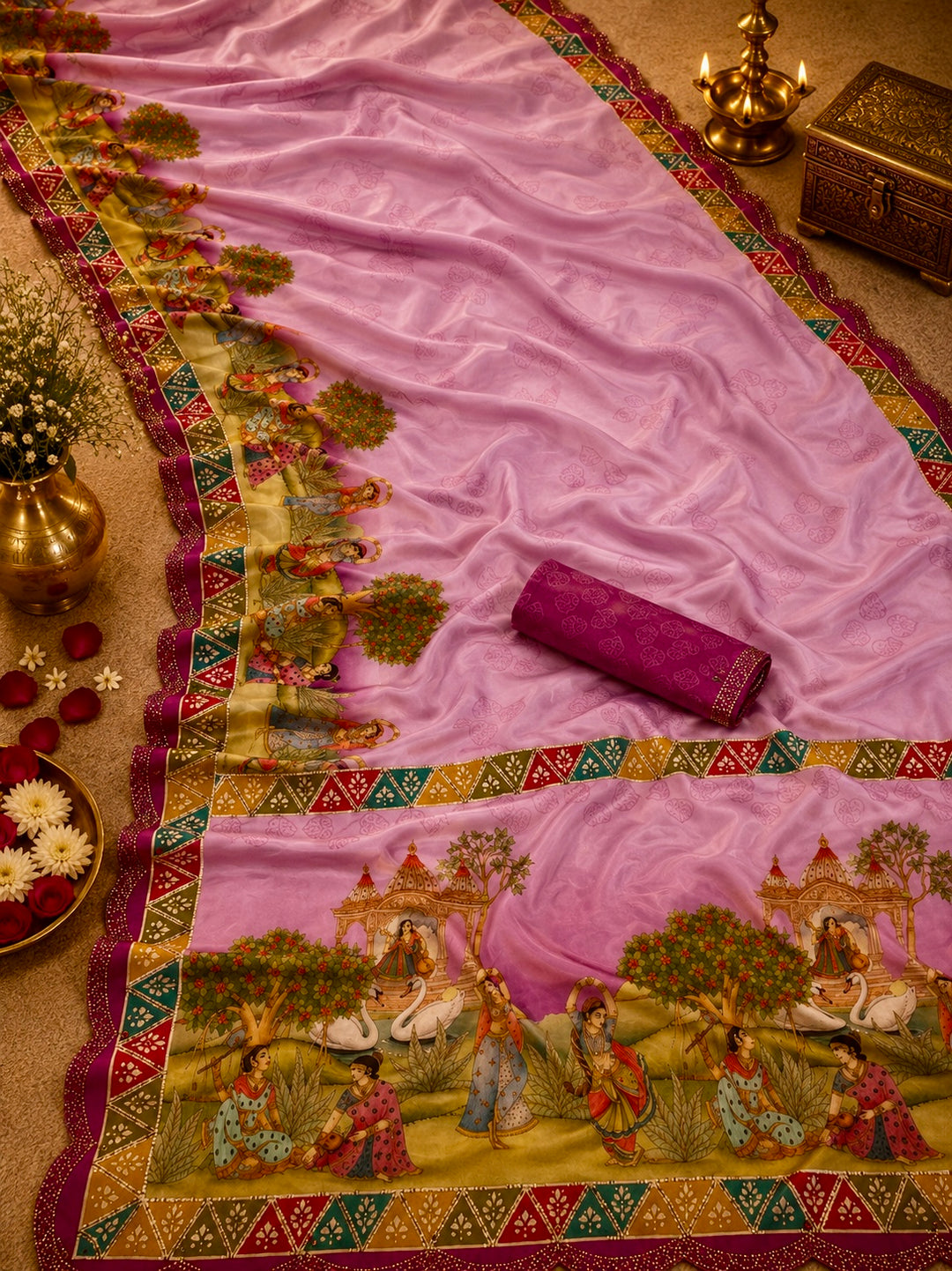 Blush Pink Modal Silk Traditional Village Print Saree with Swarovski Scalloped Border & Blouse Piece
