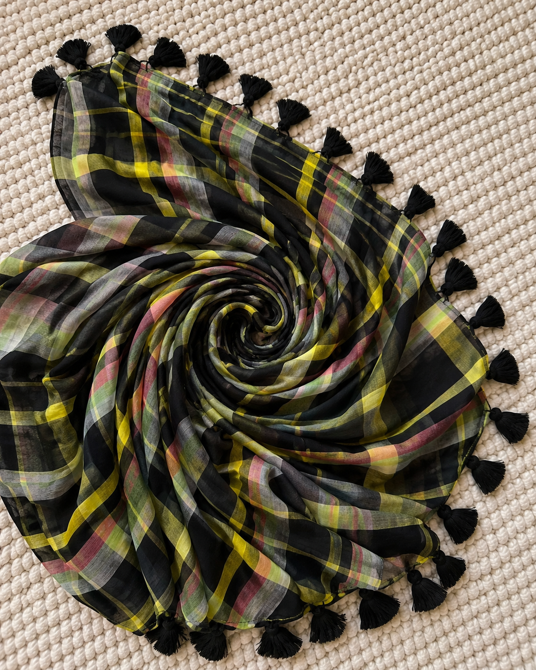 Black Multicolour Madras Checkered Mul Cotton Saree with Tassels & Attached Blouse Piece