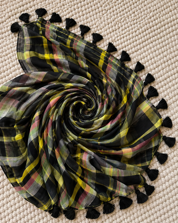 Black Multicolour Madras Checkered Mul Cotton Saree with Tassels & Attached Blouse Piece