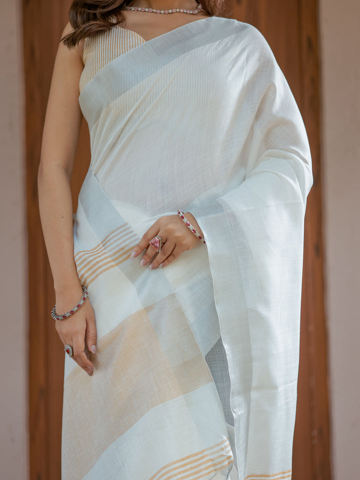 Pure White & Mustard Gold Handloom Cotton Saree with Minimal Striped Border & Tassel Detailing