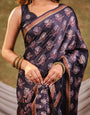 Charcoal Grey Pure Chinnon Ajrakh Printed Saree with Tassel Edges, Traditional Floral Print & Matching Blouse Piece