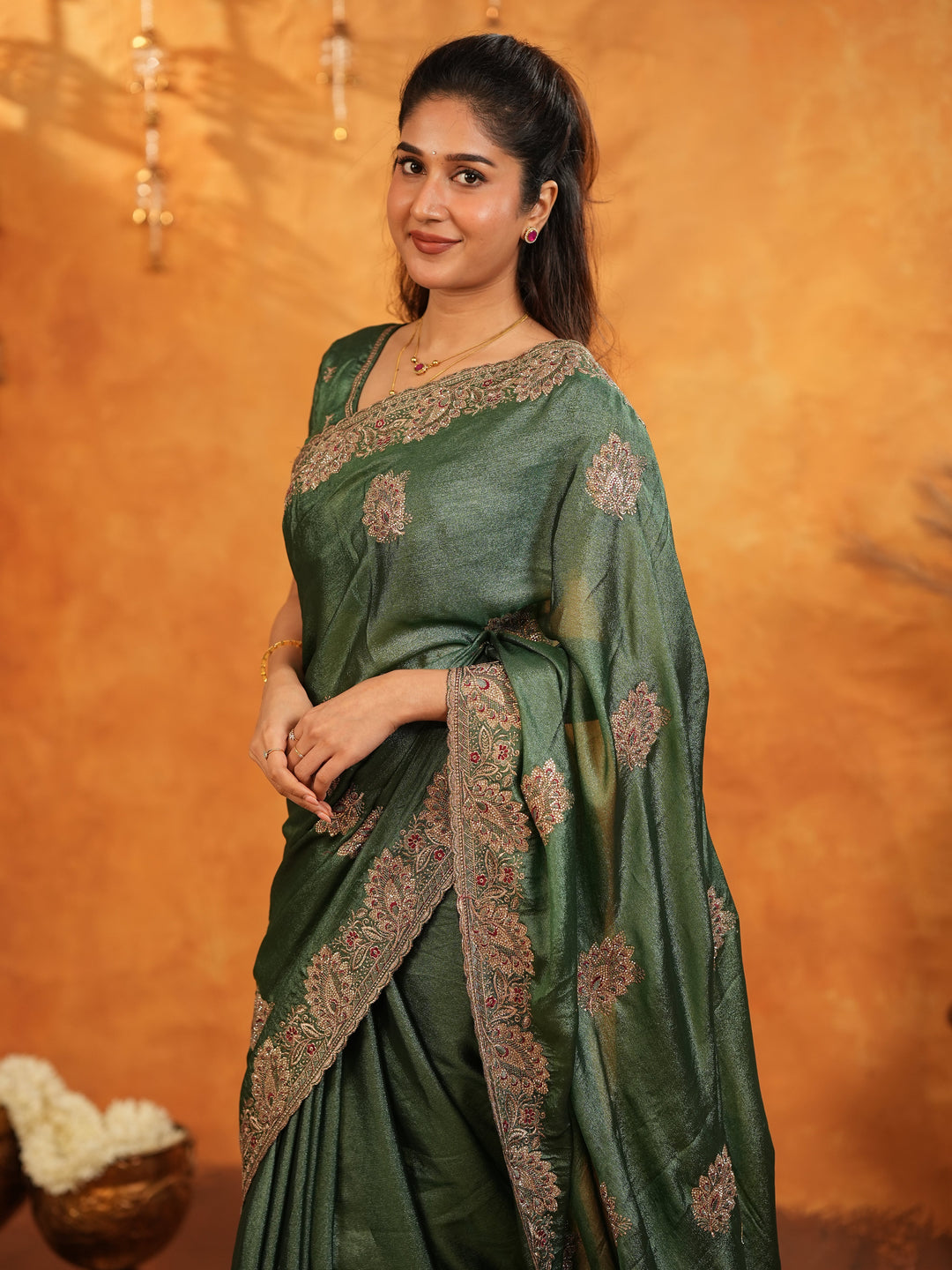 Bottle Green Fendy Satin Embroidered Saree with Intricate Floral Border & Tassels | Designer Saree with Heavy Embroidered Blouse
