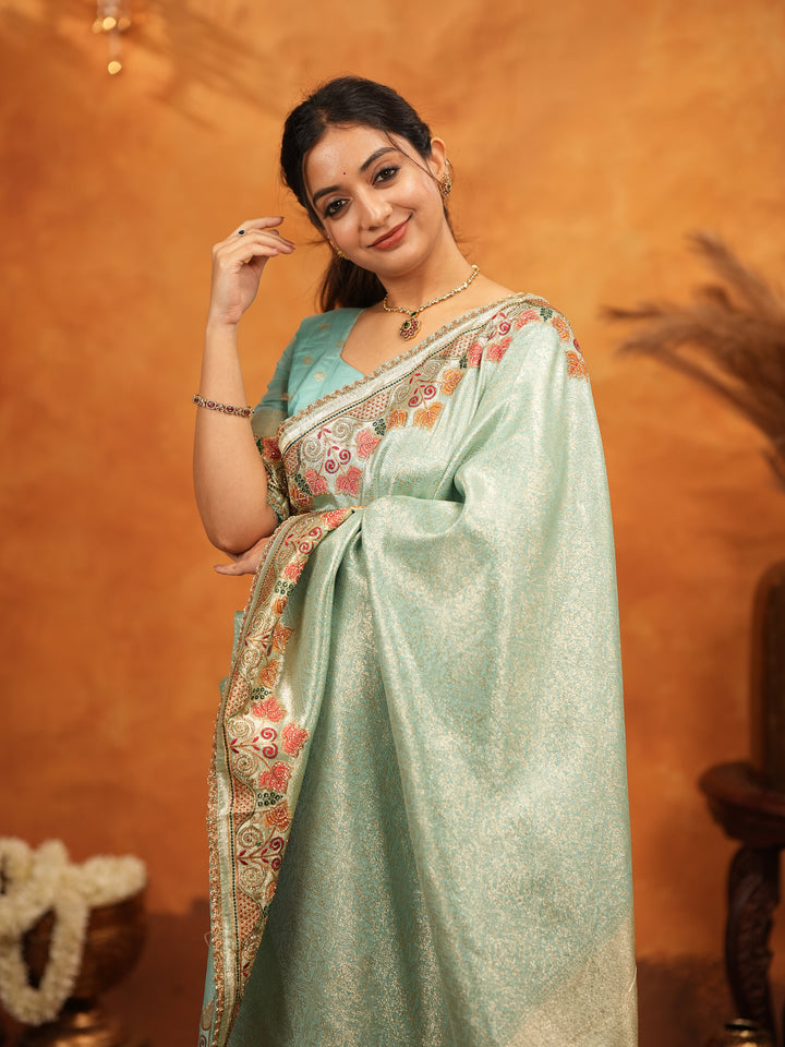 Mint Green Banarasi Silk Embroidered Saree with Multicolor Floral Border & Zari Weaving | Heavy Embroidered Blouse with Tassels | Wedding & Festive Wear Saree