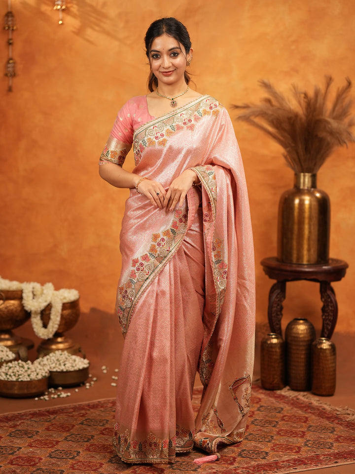 Blush Pink Banarasi Silk Embroidered Saree with Multicolor Floral Border & Zari Weaving | Heavy Embroidered Blouse with Tassels | Wedding & Festive Wear Saree
