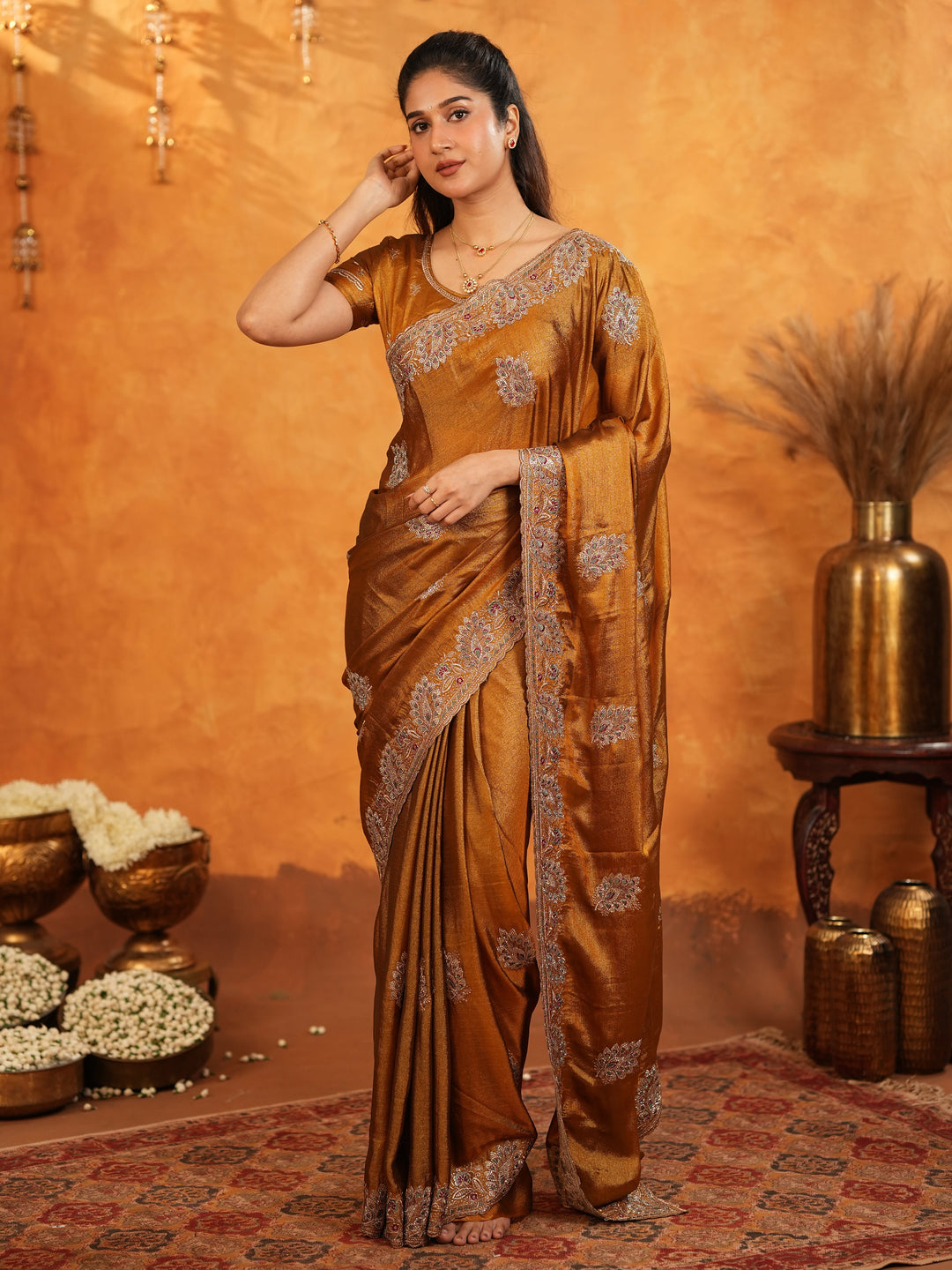 Antique Copper Brown Fendy Satin Embroidered Saree with Elegant Floral Border & Tassels | Designer Saree with Heavy Embroidered Blouse