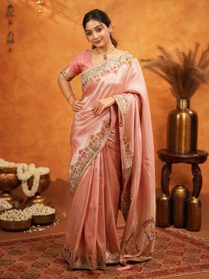 Blush Pink Banarasi Silk Embroidered Saree with Multicolor Floral Border & Zari Weaving | Heavy Embroidered Blouse with Tassels | Wedding & Festive Wear Saree