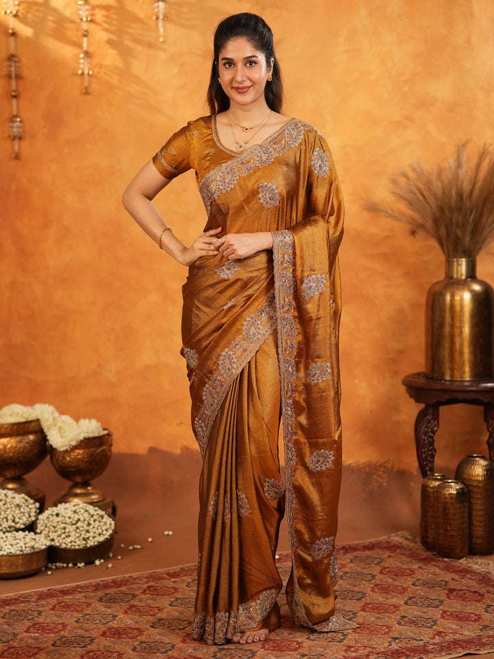 Antique Copper Brown Fendy Satin Embroidered Saree with Elegant Floral Border & Tassels | Designer Saree with Heavy Embroidered Blouse