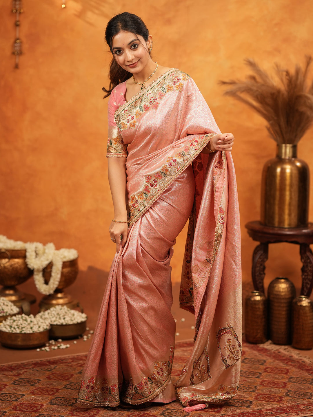 Blush Pink Banarasi Silk Embroidered Saree with Multicolor Floral Border & Zari Weaving | Heavy Embroidered Blouse with Tassels | Wedding & Festive Wear Saree