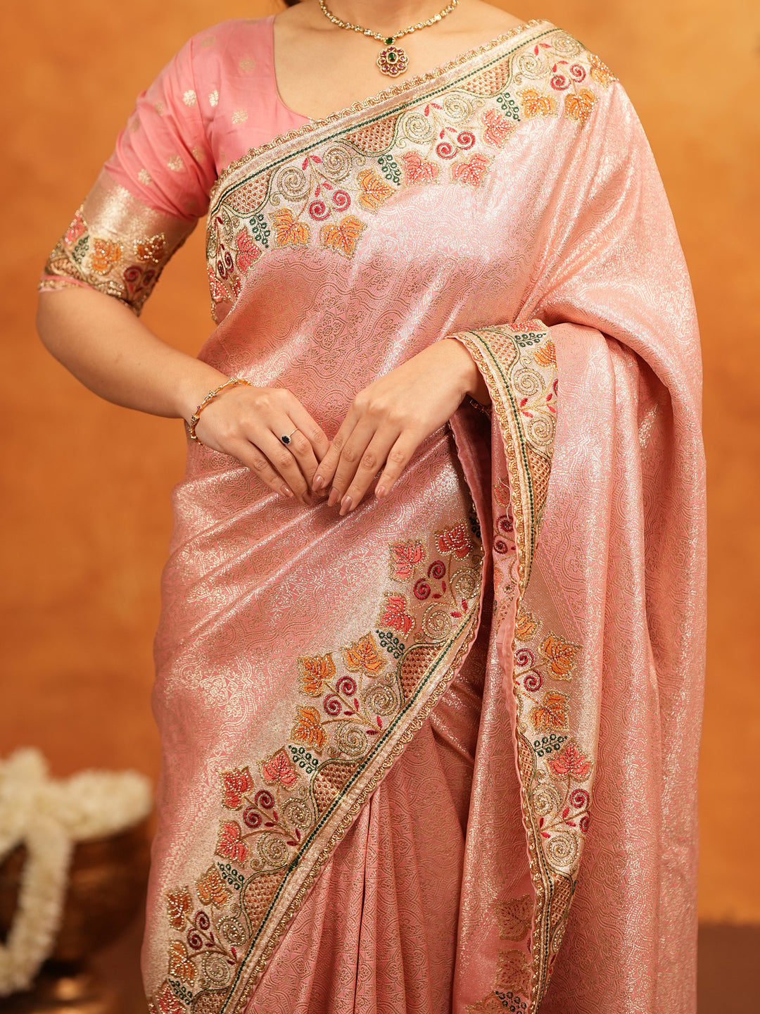 Blush Pink Banarasi Silk Embroidered Saree with Multicolor Floral Border & Zari Weaving | Heavy Embroidered Blouse with Tassels | Wedding & Festive Wear Saree