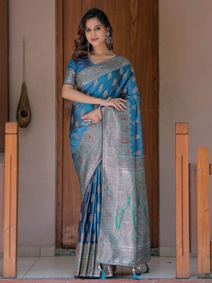 Royal Teal Blue Banarasi Silk Saree with Intricate Paisley Zari Weaving & Tassel Detailing
