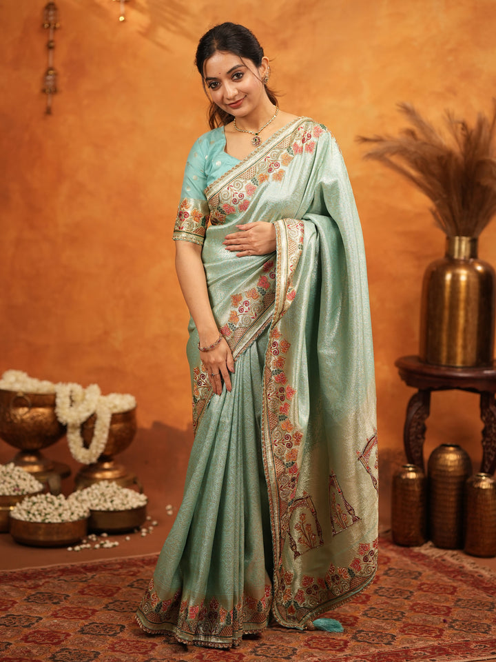 Mint Green Banarasi Silk Embroidered Saree with Multicolor Floral Border & Zari Weaving | Heavy Embroidered Blouse with Tassels | Wedding & Festive Wear Saree
