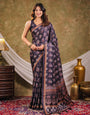 Charcoal Grey Pure Chinnon Ajrakh Printed Saree with Tassel Edges, Traditional Floral Print & Matching Blouse Piece