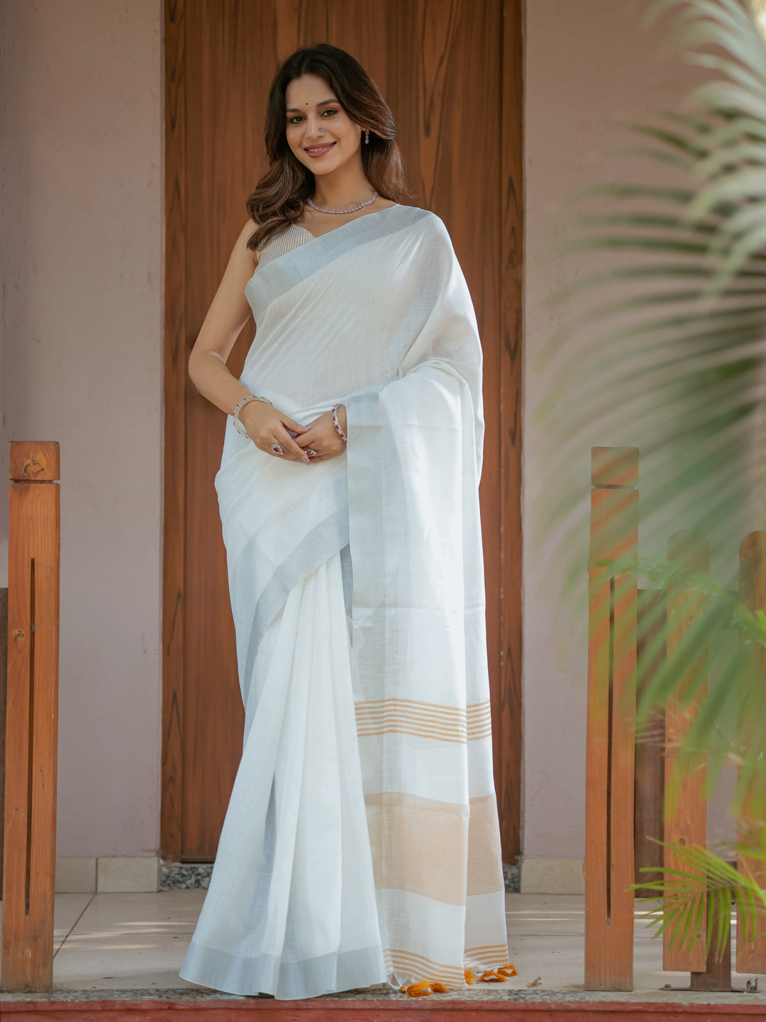 Pure White & Mustard Gold Handloom Cotton Saree with Minimal Striped Border & Tassel Detailing