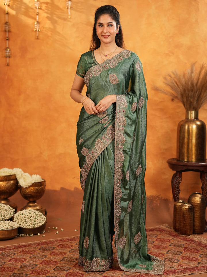 Bottle Green Fendy Satin Embroidered Saree with Intricate Floral Border & Tassels | Designer Saree with Heavy Embroidered Blouse