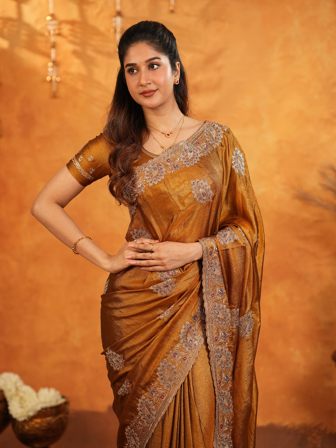 Antique Copper Brown Fendy Satin Embroidered Saree with Elegant Floral Border & Tassels | Designer Saree with Heavy Embroidered Blouse