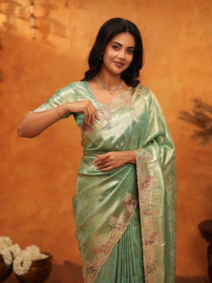 Elegant Mint Green Banarasi Silk Saree with Floral Embroidered Border & Zari Weaving | Designer Festive & Wedding Wear Saree