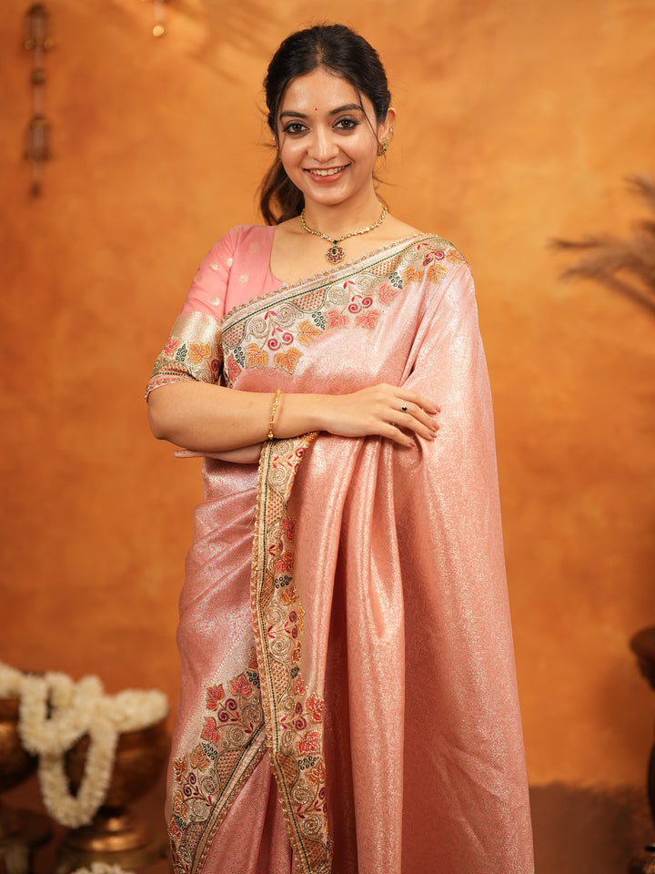 Blush Pink Banarasi Silk Embroidered Saree with Multicolor Floral Border & Zari Weaving | Heavy Embroidered Blouse with Tassels | Wedding & Festive Wear Saree