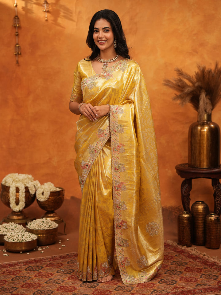 Rich Mustard Gold Banarasi Silk Saree with Elegant Floral Embroidered Border & Zari Weaving | Premium Festive Wedding Wear Saree
