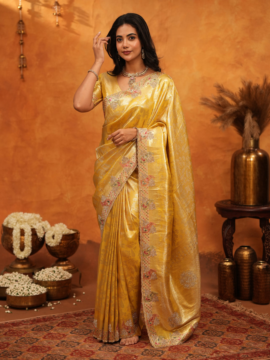 Rich Mustard Gold Banarasi Silk Saree with Elegant Floral Embroidered Border & Zari Weaving | Premium Festive Wedding Wear Saree