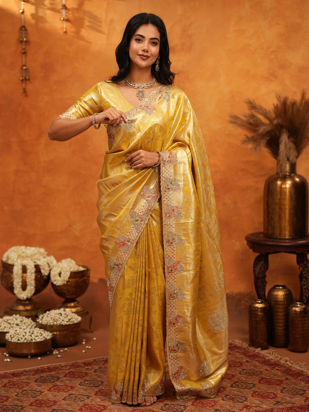 Rich Mustard Gold Banarasi Silk Saree with Elegant Floral Embroidered Border & Zari Weaving | Premium Festive Wedding Wear Saree