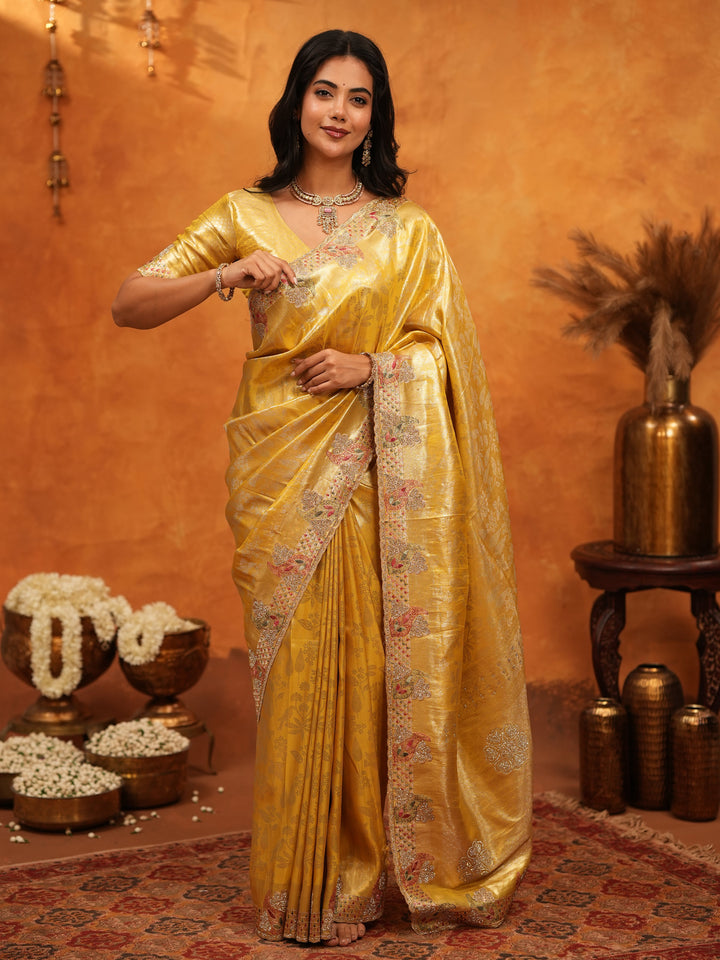 Rich Mustard Gold Banarasi Silk Saree with Elegant Floral Embroidered Border & Zari Weaving | Premium Festive Wedding Wear Saree