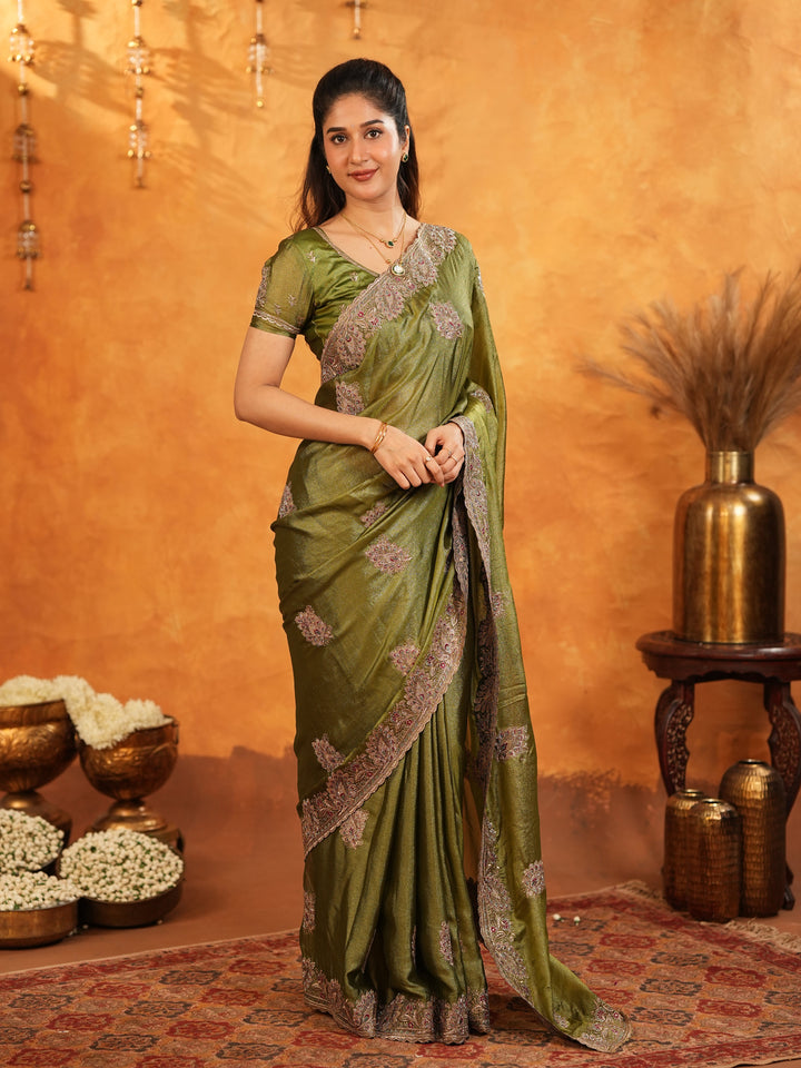 Olive Green Fendy Satin Embroidered Saree with Intricate Floral Border & Tassels | Designer Saree with Heavy Embroidered Blouse