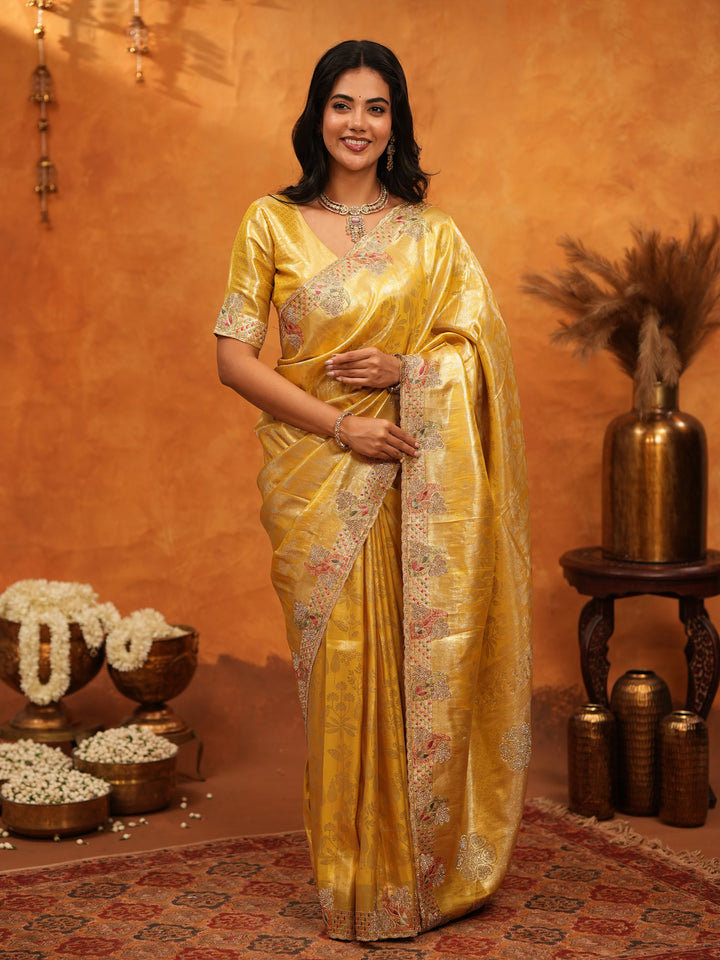 Rich Mustard Gold Banarasi Silk Saree with Elegant Floral Embroidered Border & Zari Weaving | Premium Festive Wedding Wear Saree