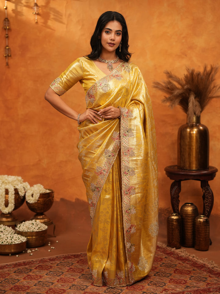 Rich Mustard Gold Banarasi Silk Saree with Elegant Floral Embroidered Border & Zari Weaving | Premium Festive Wedding Wear Saree