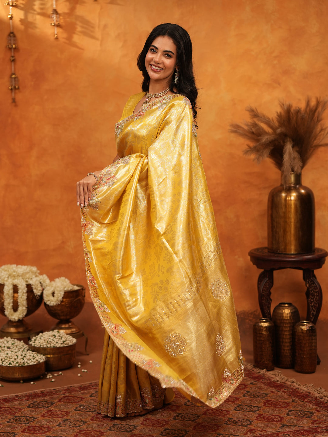 Rich Mustard Gold Banarasi Silk Saree with Elegant Floral Embroidered Border & Zari Weaving | Premium Festive Wedding Wear Saree