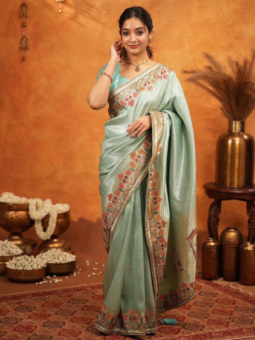 Mint Green Banarasi Silk Embroidered Saree with Multicolor Floral Border & Zari Weaving | Heavy Embroidered Blouse with Tassels | Wedding & Festive Wear Saree
