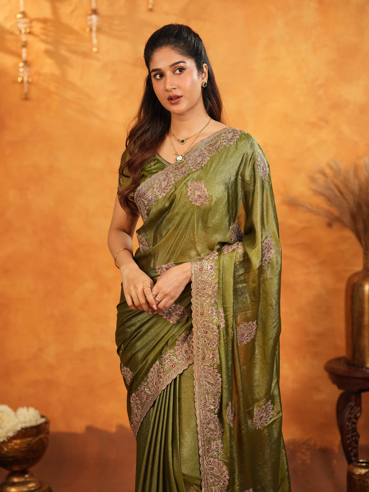 Olive Green Fendy Satin Embroidered Saree with Intricate Floral Border & Tassels | Designer Saree with Heavy Embroidered Blouse