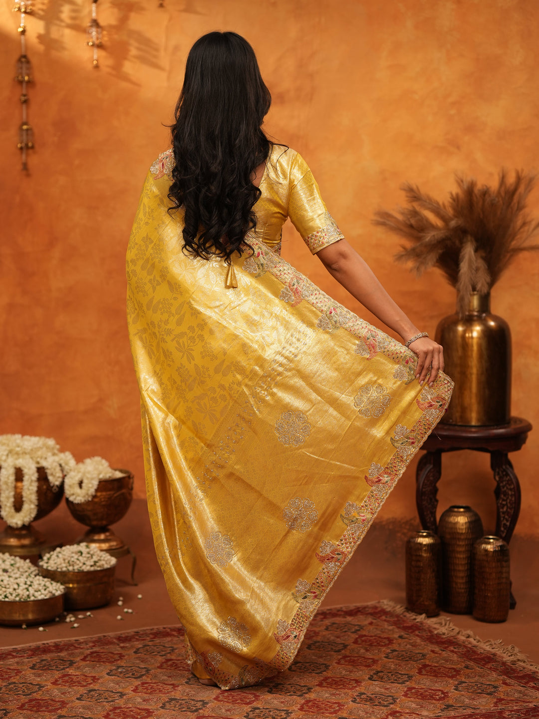 Rich Mustard Gold Banarasi Silk Saree with Elegant Floral Embroidered Border & Zari Weaving | Premium Festive Wedding Wear Saree