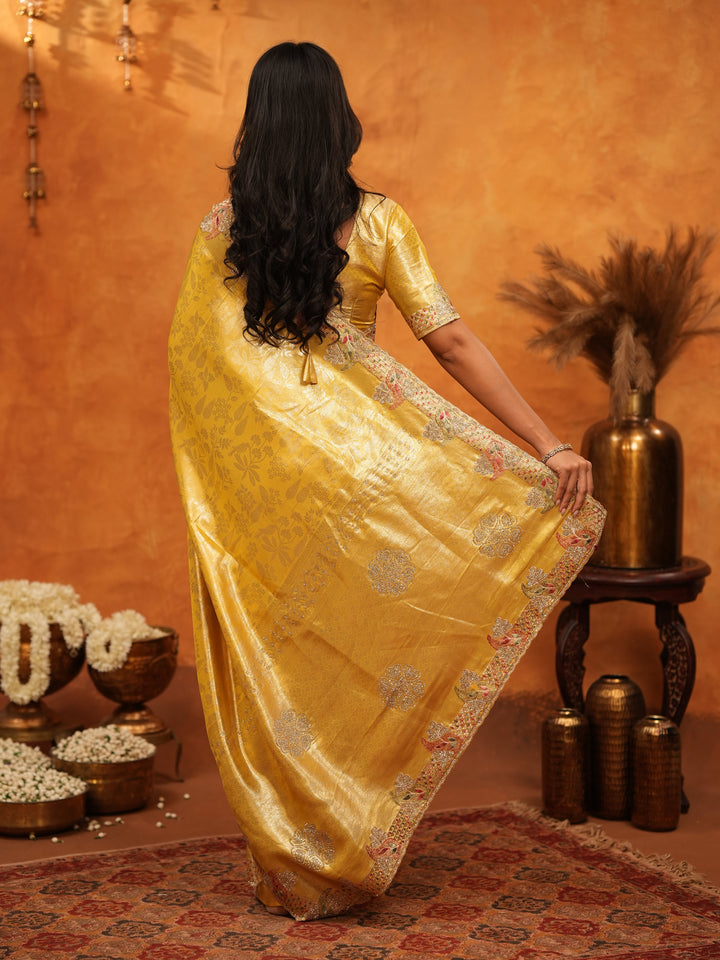 Rich Mustard Gold Banarasi Silk Saree with Elegant Floral Embroidered Border & Zari Weaving | Premium Festive Wedding Wear Saree
