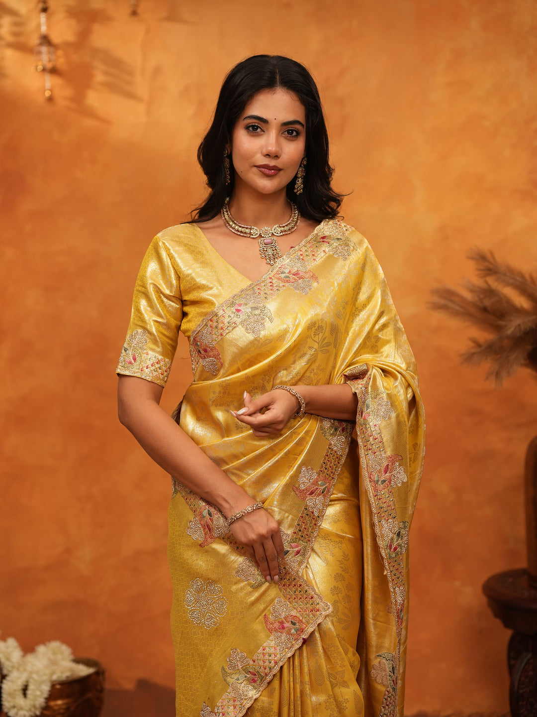 Rich Mustard Gold Banarasi Silk Saree with Elegant Floral Embroidered Border & Zari Weaving | Premium Festive Wedding Wear Saree