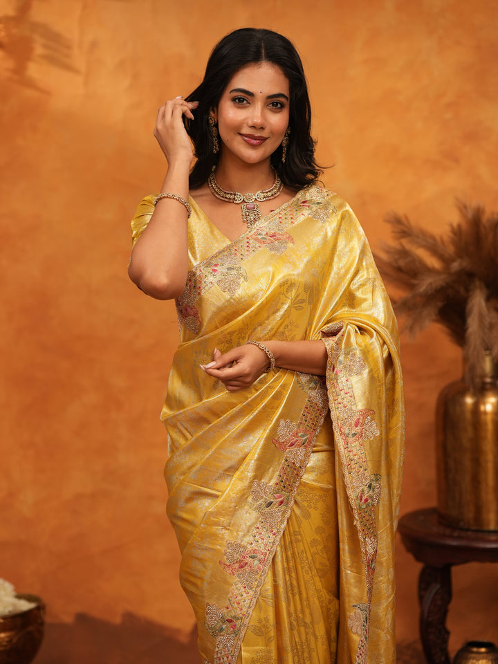 Rich Mustard Gold Banarasi Silk Saree with Elegant Floral Embroidered Border & Zari Weaving | Premium Festive Wedding Wear Saree