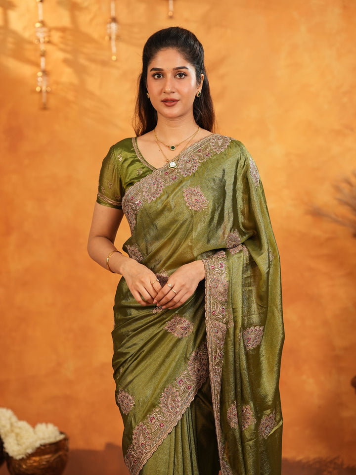 Olive Green Fendy Satin Embroidered Saree with Intricate Floral Border & Tassels | Designer Saree with Heavy Embroidered Blouse