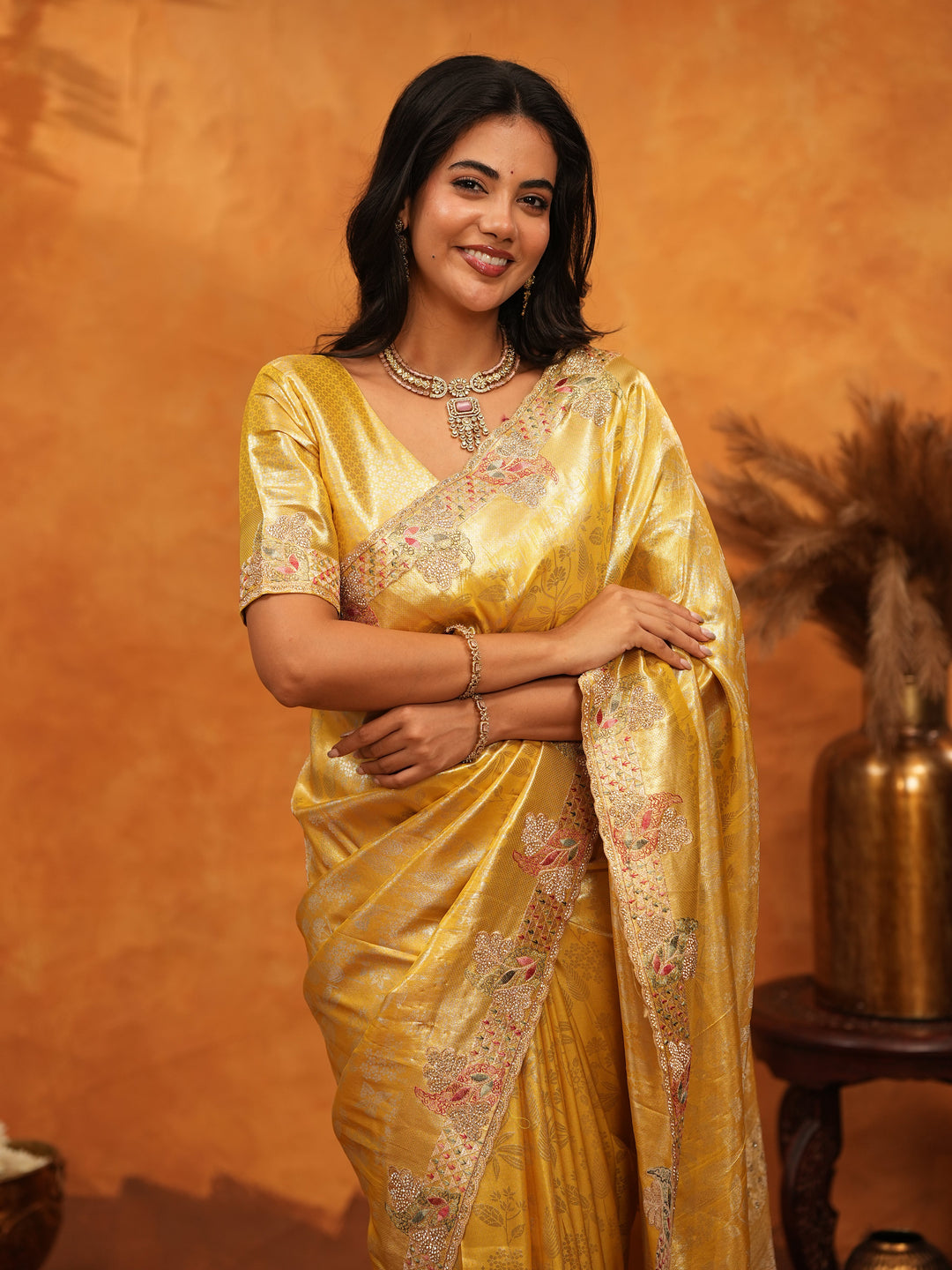 Rich Mustard Gold Banarasi Silk Saree with Elegant Floral Embroidered Border & Zari Weaving | Premium Festive Wedding Wear Saree