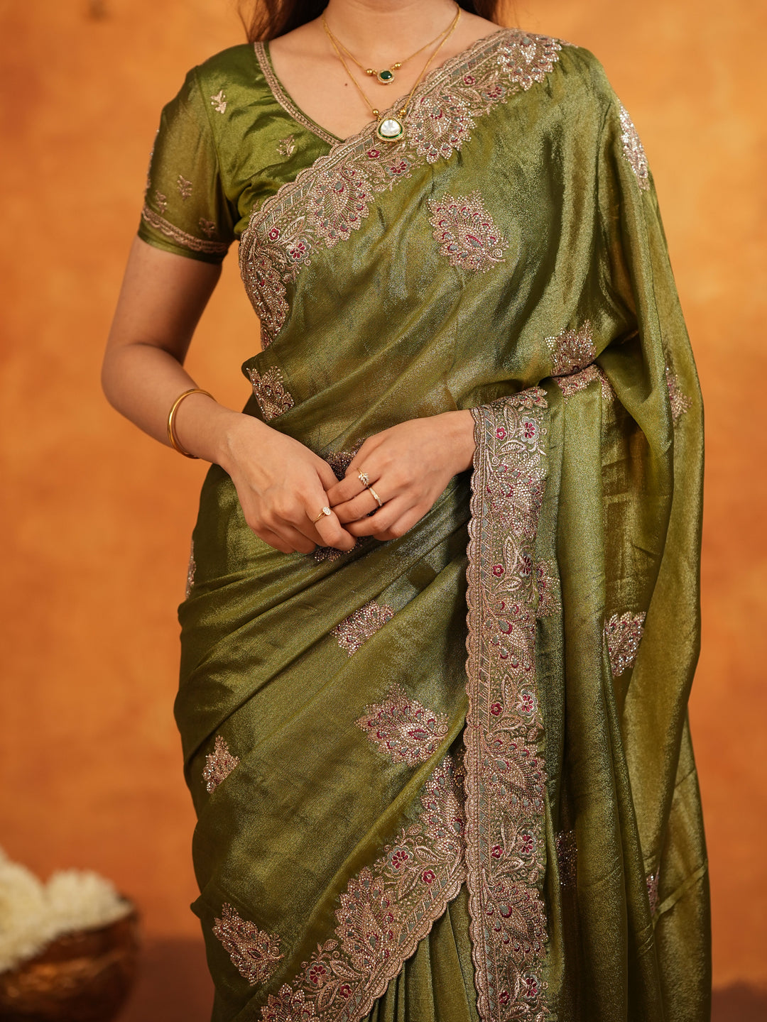 Olive Green Fendy Satin Embroidered Saree with Intricate Floral Border & Tassels | Designer Saree with Heavy Embroidered Blouse
