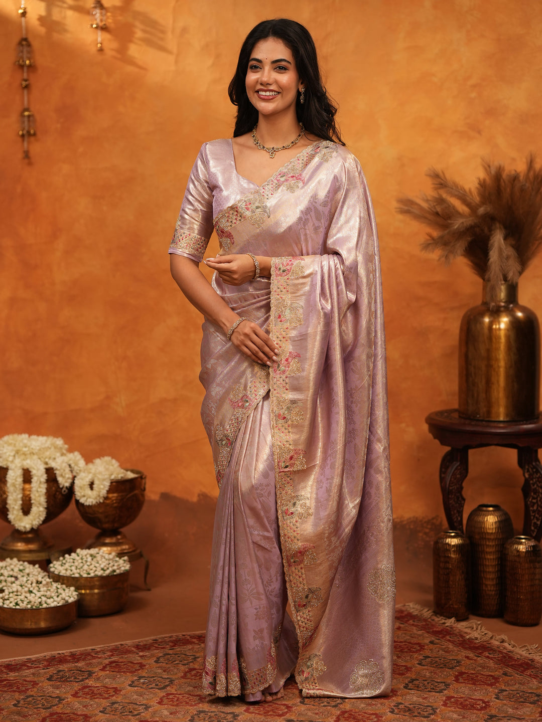 Elegant Lavender Pink Banarasi Silk Saree with Delicate Floral Embroidered Border & Zari Weaving | Premium Pastel Wedding & Festive Wear Saree