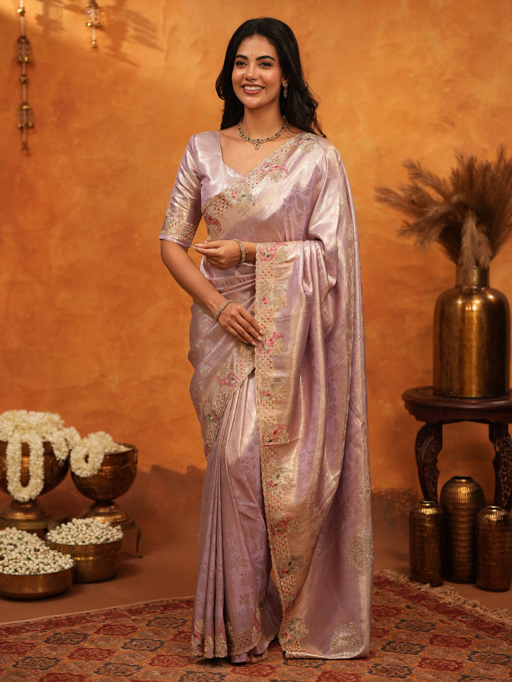 Elegant Lavender Pink Banarasi Silk Saree with Delicate Floral Embroidered Border & Zari Weaving | Premium Pastel Wedding & Festive Wear Saree