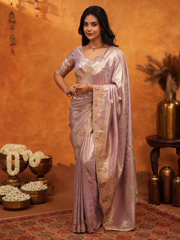 Elegant Lavender Pink Banarasi Silk Saree with Delicate Floral Embroidered Border & Zari Weaving | Premium Pastel Wedding & Festive Wear Saree
