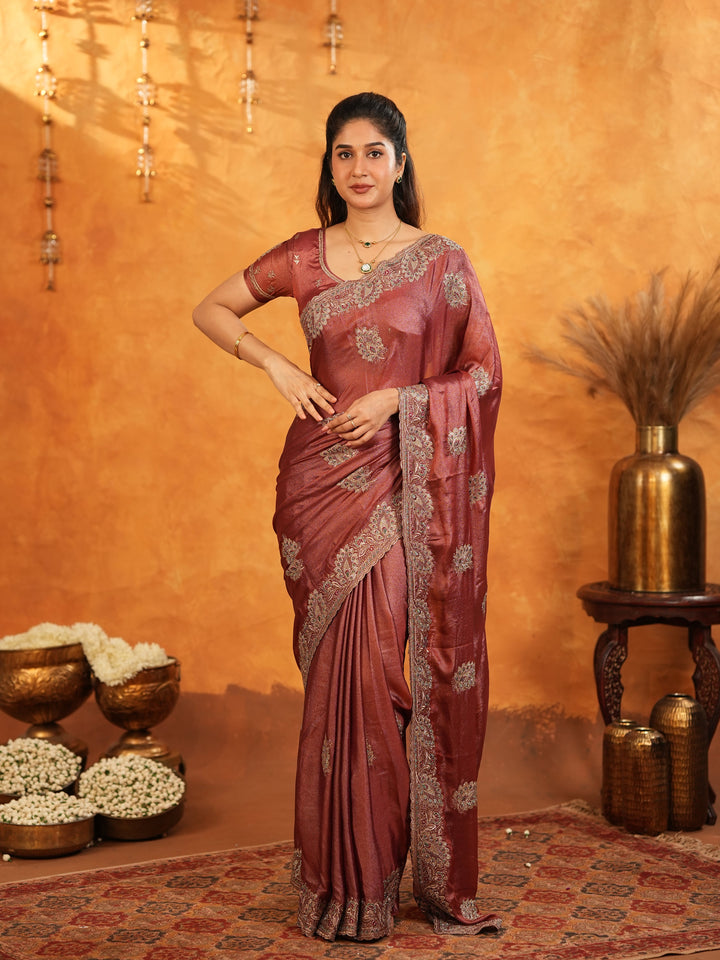 Wine Maroon Fendy Satin Embroidered Saree with Rich Floral Border & Tassels | Designer Saree with Heavy Embroidered Blouse