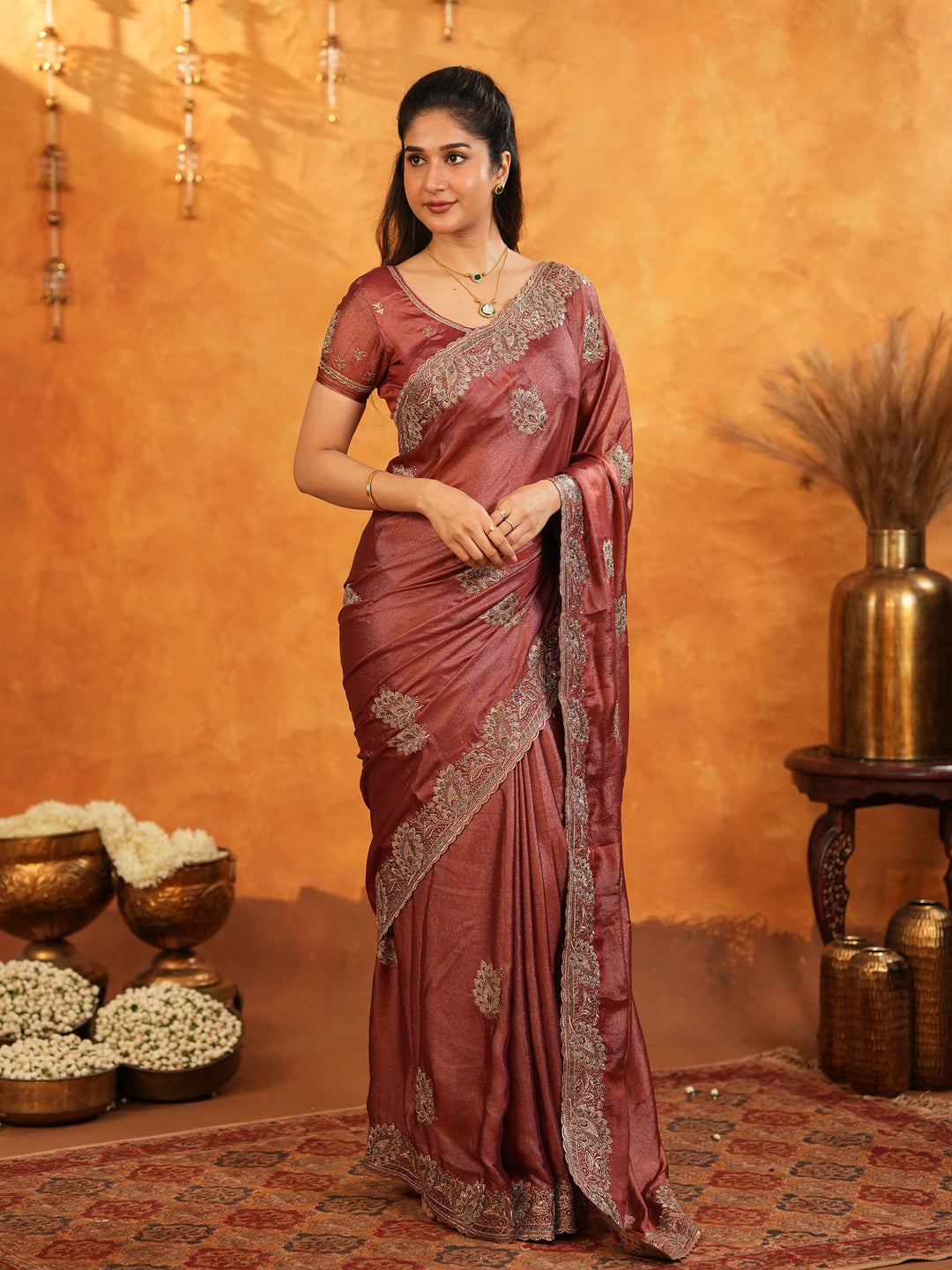 Wine Maroon Fendy Satin Embroidered Saree with Rich Floral Border & Tassels | Designer Saree with Heavy Embroidered Blouse