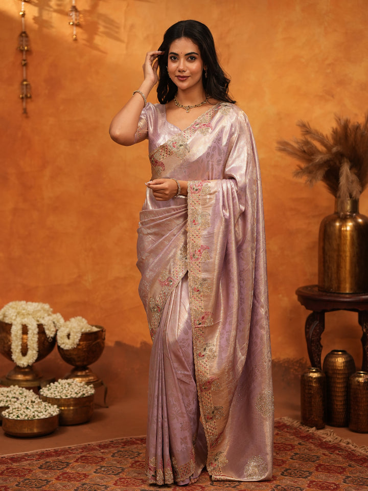 Elegant Lavender Pink Banarasi Silk Saree with Delicate Floral Embroidered Border & Zari Weaving | Premium Pastel Wedding & Festive Wear Saree
